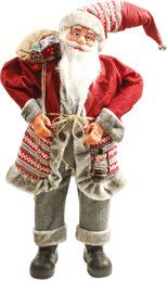 große Weihnachtsmann Deko-Figur Geschenke, 100 cm hoch, rot-grau, mit Geschenkesack, Nikolausfigur