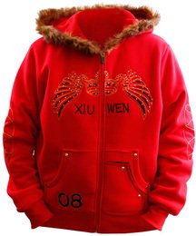 DAMEN HOODIE WEBPELZ Sweat gefüttert  Kapuzenpullover Kapuzensweatshirt Rot XL