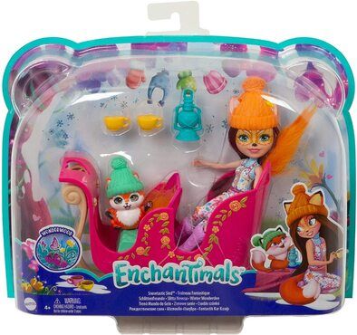 Enchantimals GJX31 - Schlittenfreunde Set mit Felicity Fox Puppe (15,24 cm), Tierfigur Flick, Schlitten und Zubehör, tolles Gesc