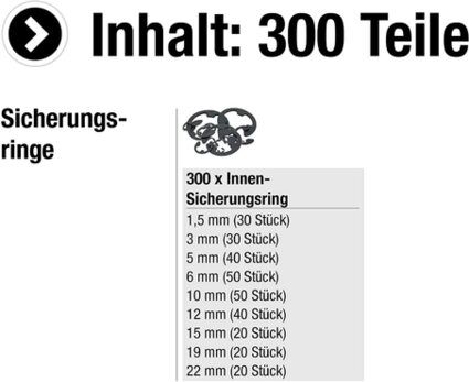 Werkzeyt Sicherungsringe-Sortiment 300-teilig - Innen - Diverse Größen im Set (1,5 - 22 mm) - Vorsortiert in praktischer Kunstst