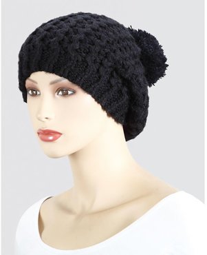 Beanie schwarz grob gestrickt mit großem Pompon