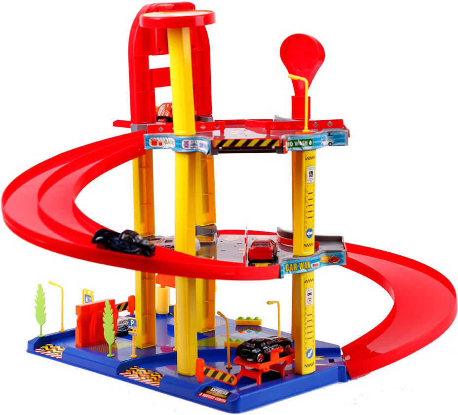 Super Garage. Zweistöckiges Playset, mit Aufzug. Tanksäule und Waschstrasse, incl. 6 Fahrzeuge 70cm