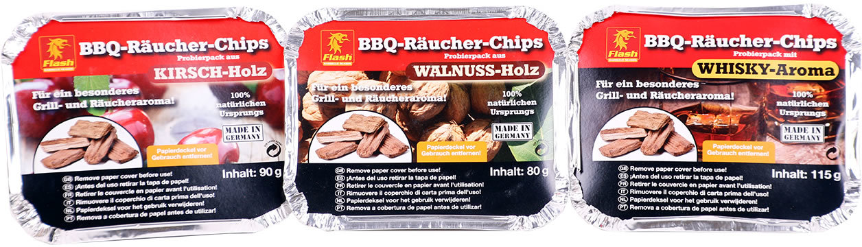 Flash BBQ-Räucher-Chips Probier-Set Kirsche Walnuss Whisky Räucherspäne Räucher-Holz Grill