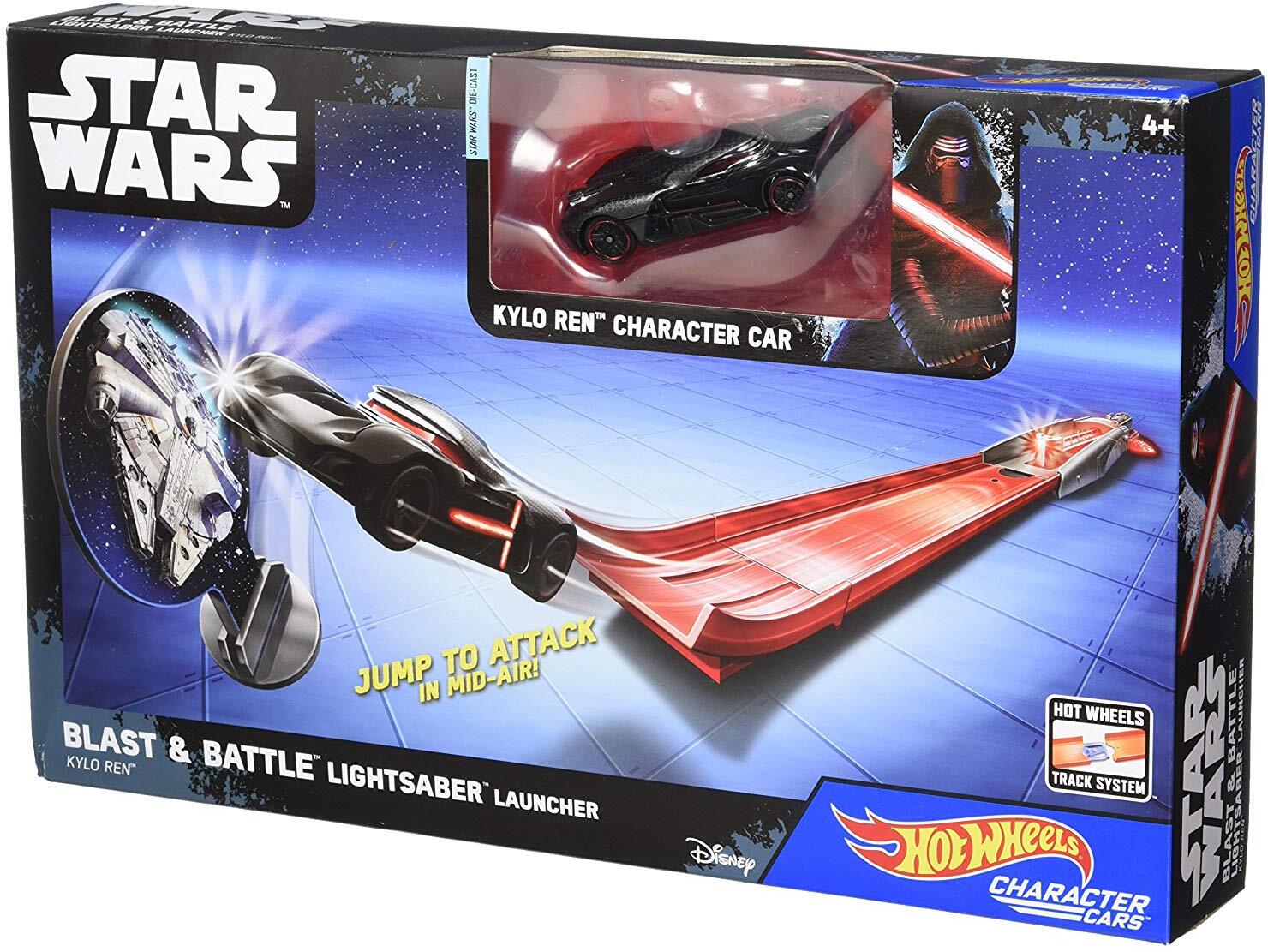 Hot Wheels – Star Wars – Blast & Battle Lightsaber Launcher – Kylo Ren – Fahrzeug und Pullback-Rennstrecke