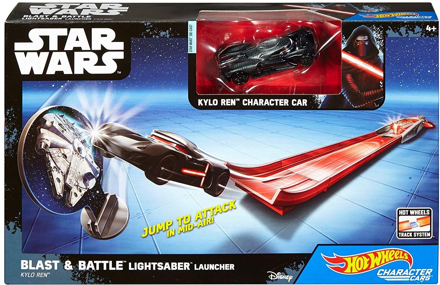 Hot Wheels – Star Wars – Blast & Battle Lightsaber Launcher – Kylo Ren – Fahrzeug und Pullback-Rennstrecke