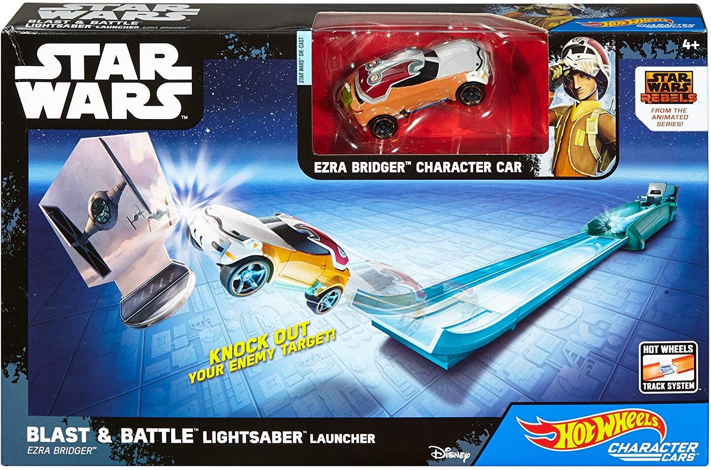 Hot Wheels – Star Wars – Blast & Battle Lightsaber Launcher – Ezra – Fahrzeug und Pullback-Rennstrecke