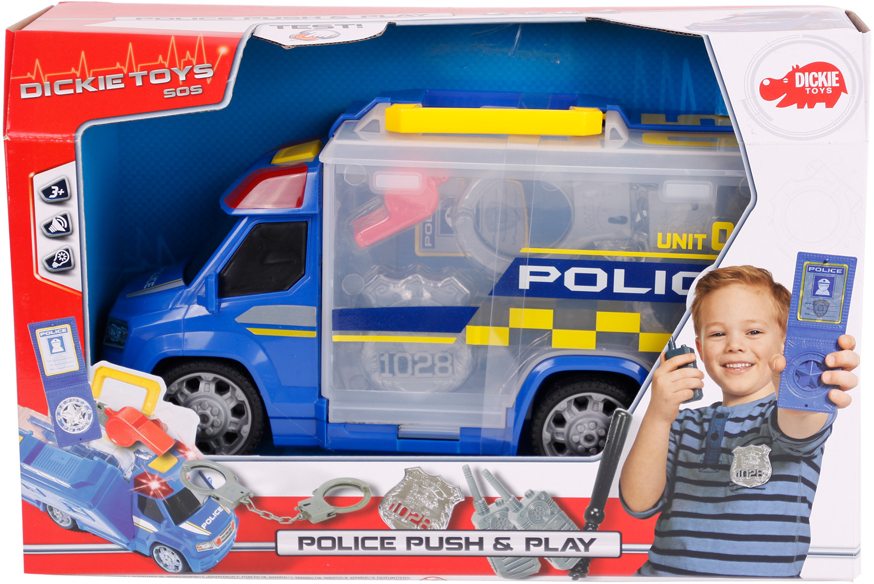 Dickie Toys 203716005 - Police Squad Push and Play, Polizeiauto mit Zubehör, 33cm