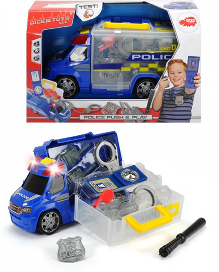 Dickie Toys 203716005 - Police Squad Push and Play, Polizeiauto mit Zubehör, 33cm