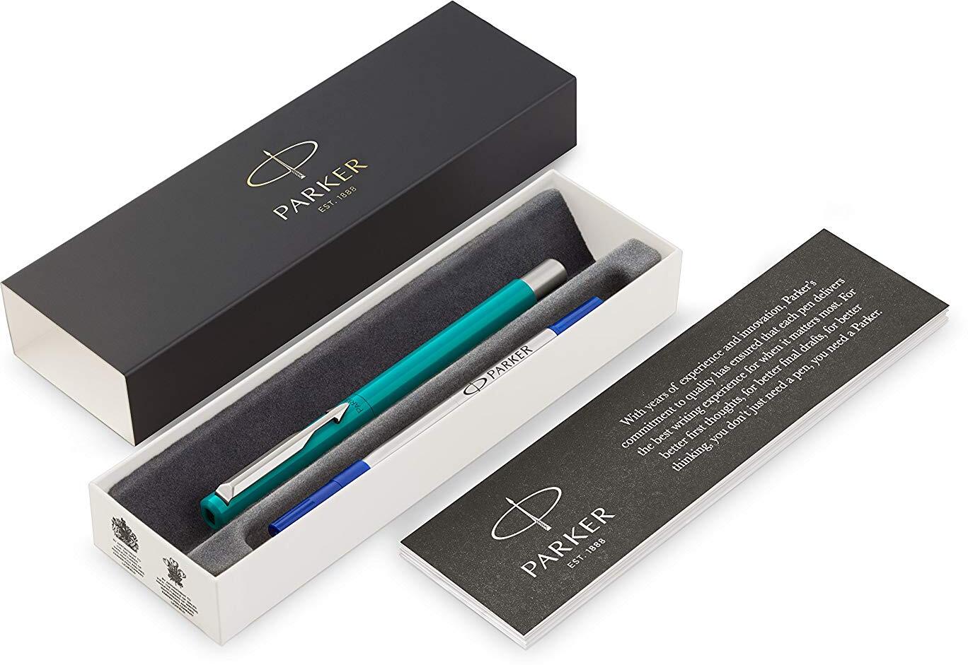 Parker Vector Rollerball Tintenroller (mit Chromzierteilen, Mittlere Schreibspitze, blaue Tinte, Geschenkbox) smaragdgrün