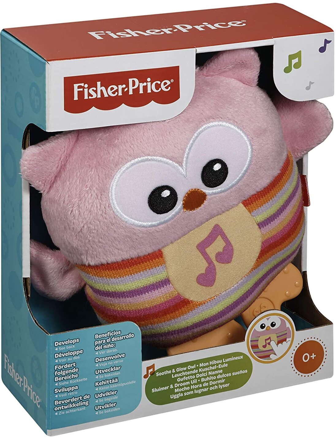 Fisher-Price CDN88 Leuchtende Kuschel Eule Plüschtier mit Eulengeräuschen mit Beißhilfe Babyerstausstattung, ab 0 Monaten, rosa