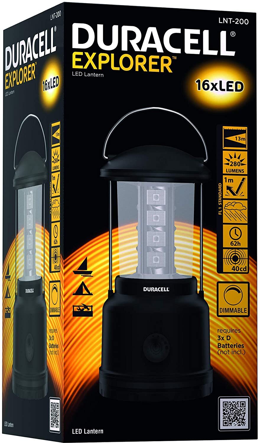 Duracell Taschenlampe, Explorer-Laternen-Serie Laternen-Taschenlampe, 90 Lumen, LED-Licht, schwarze Kunststoffoberfläche