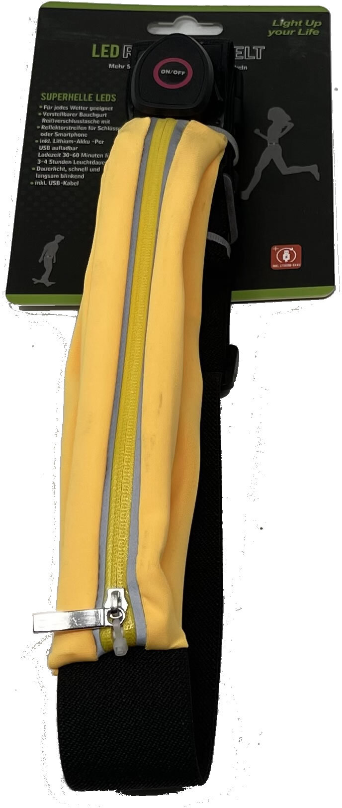 LED Laufgürtel mit Tasche - wiederaufladbar mit Micro-USB Kabel - Unigröße - Blinklicht Sport Gürteltasche für Joggen