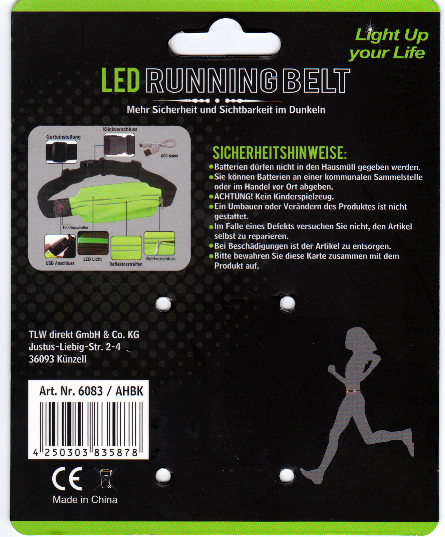 LED Laufgürtel mit Tasche - wiederaufladbar mit Micro-USB Kabel - Unigröße - Blinklicht Sport Gürteltasche für Joggen