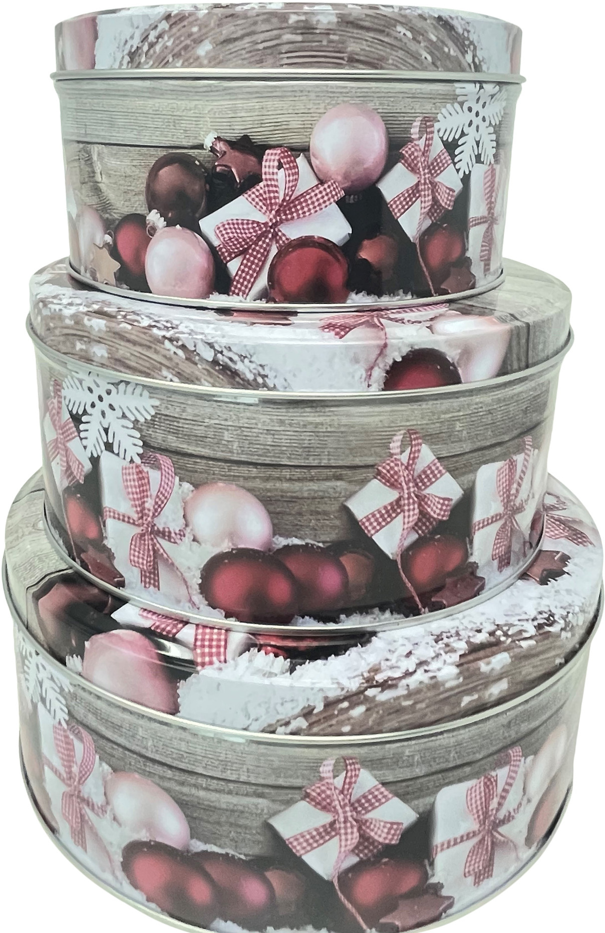 3tlg. Weihnachtsdosen Set mit Deckel, verschiedenen Größen, Rund, ineinander stapelbar, Vorratsdose Metalldose Plätzchendose