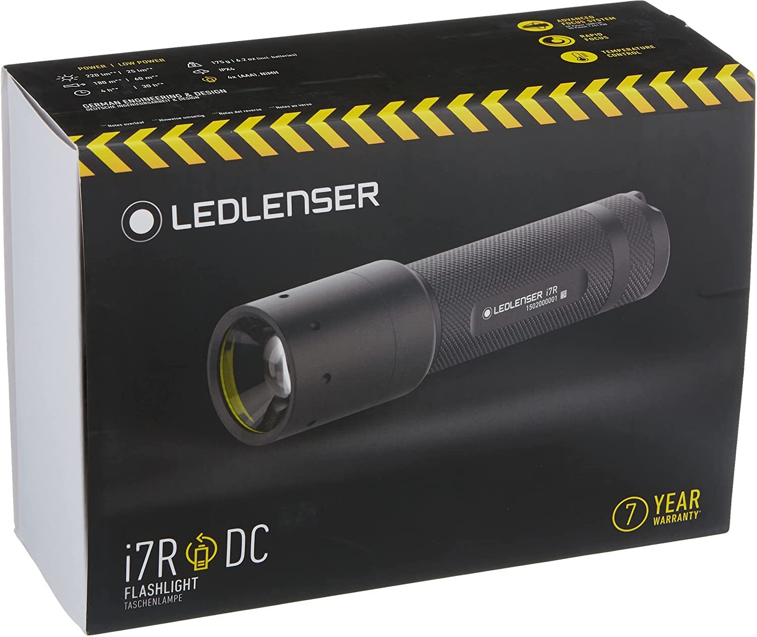 Ledlenser i7DR LED Akku Profi Taschenlampe, 220 Lumen, 30 Stunden Laufzeit, robustes Gehäuse, fokussierbar, inkl. zwei Akkus