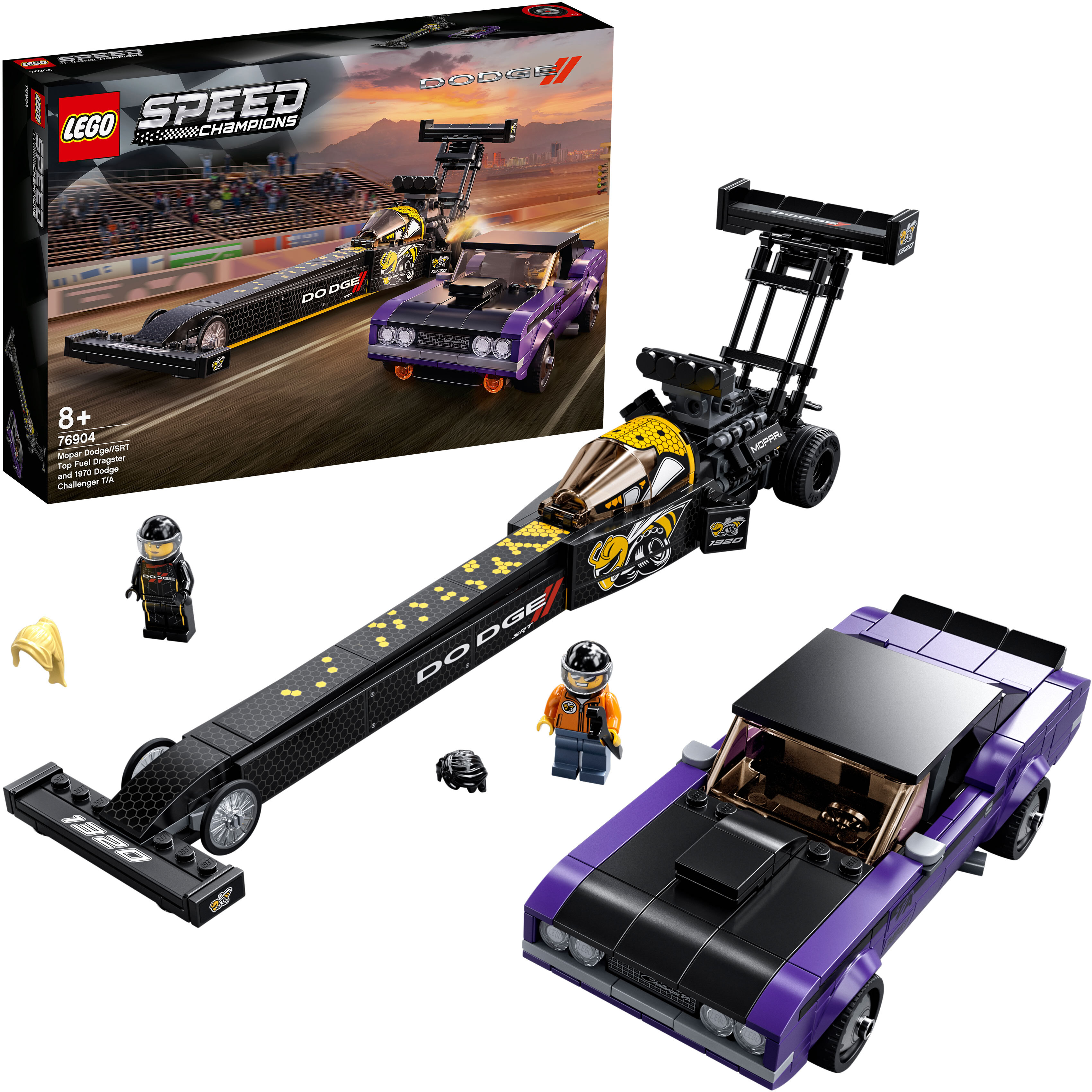 LEGO 76904 Speed Champions Mopar Dodge//SRT Dragster & 1970 Dodge Challenger Spielzeugauto, Modellauto zum selber Bauen, Rennwag