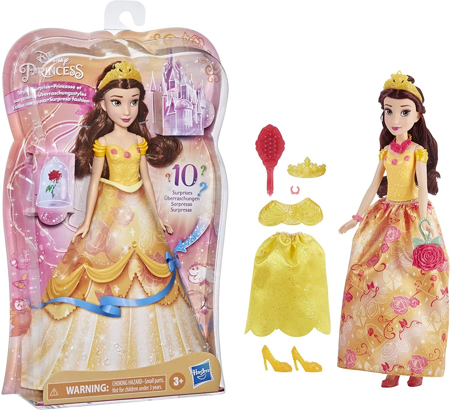 Disney Prinzessin Überraschungsstyles Belle Modepuppe mit 10 Modeaccessoires