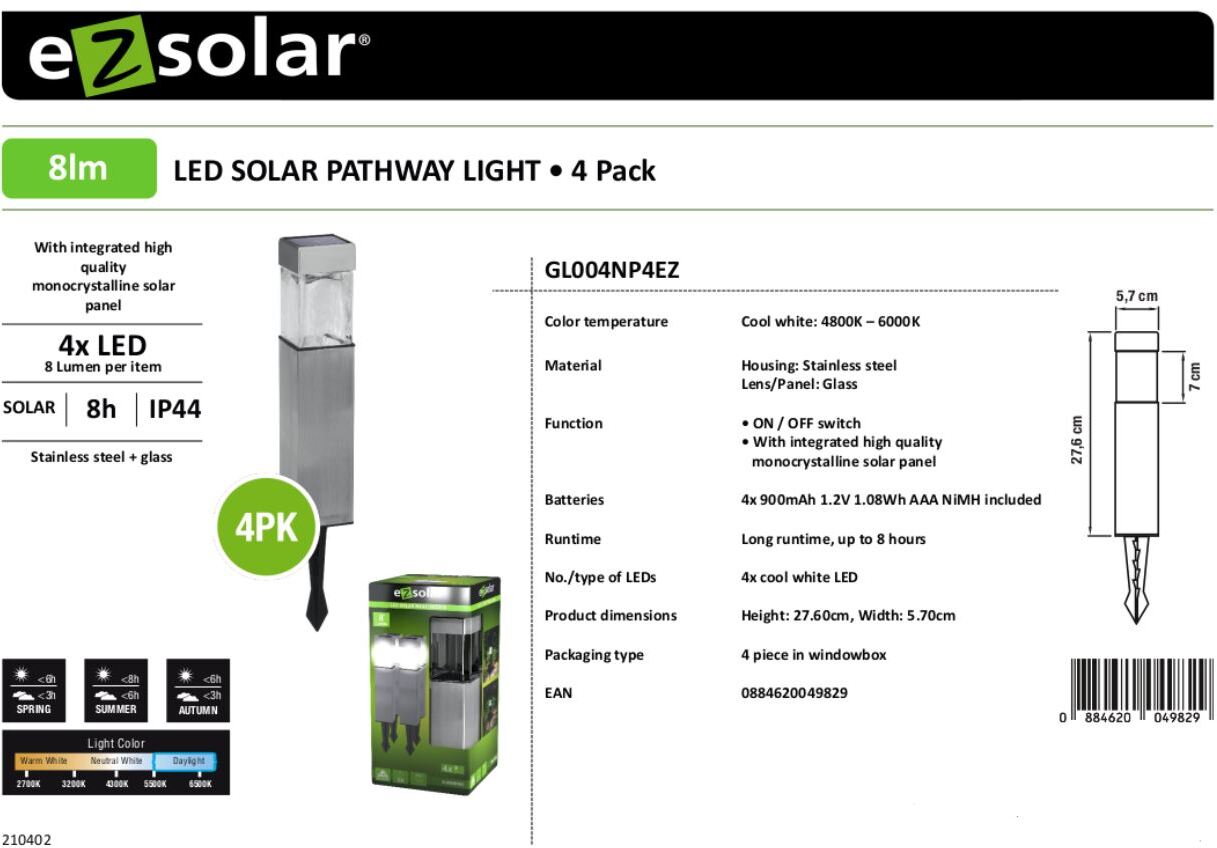 EZSolar LED Solar Wegeleuchte GL004NP4EZ 4er Set
