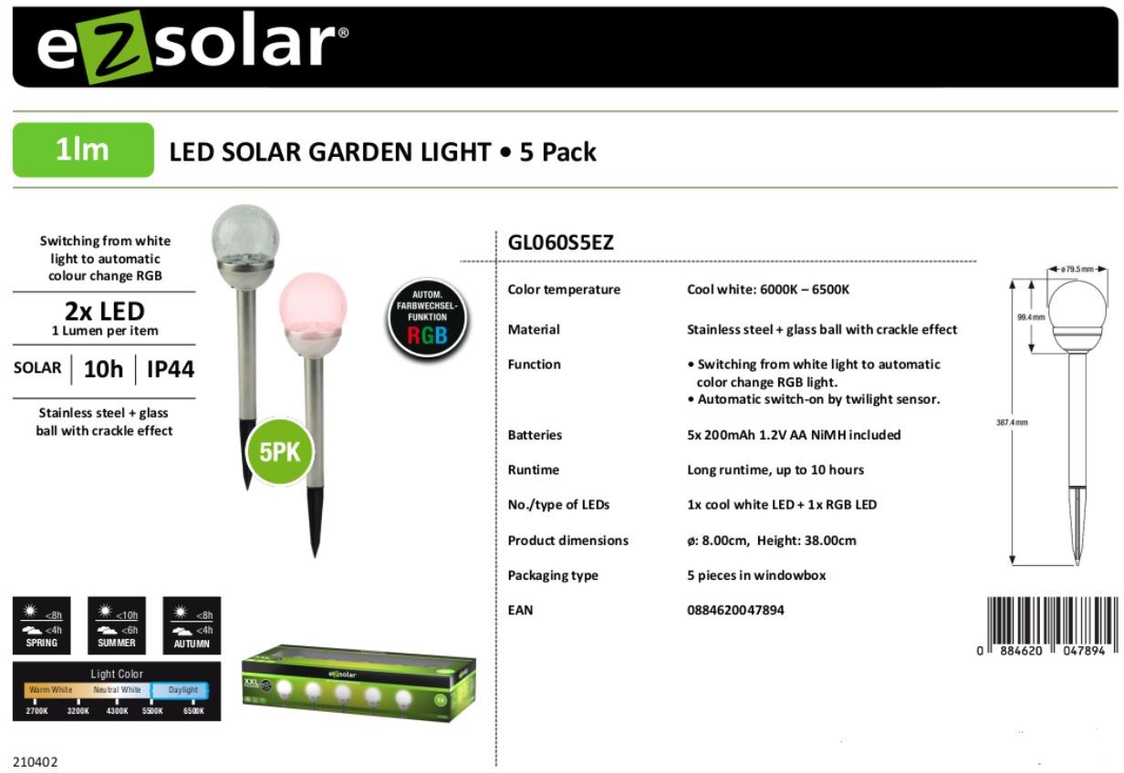 5er Pack EZ-Solar LED Solar Wegeleuchte Gartenleuchte Cracked Ball