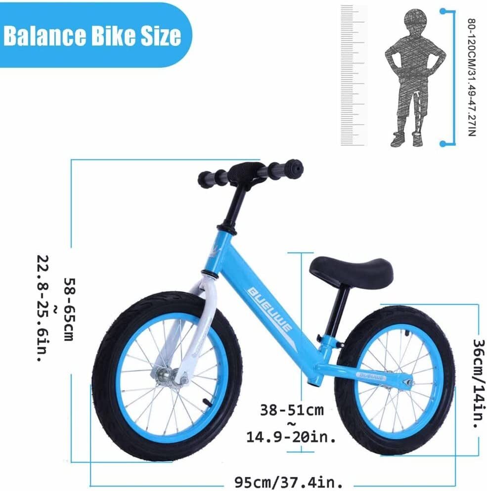 Bueuwe Laufrad Für 3-7 Jahre Mädchen & Jungen 14-Zoll-Trainingsfahrrad ohne Pedale mit Rahmen aus Kohlenstoffstahl, Verstellbare