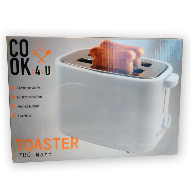 Toaster COOK 4 YOU weiss mit Brötchenaufsatz 700 Watt 2 Scheiben Krümelschublade