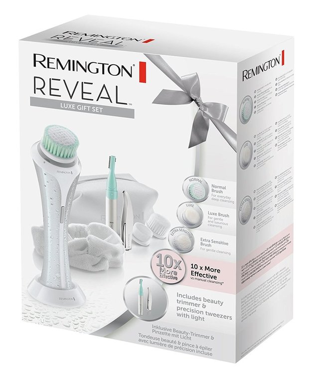 REMINGTON Geschenkset FC1000GP REVEAL LUXE Gesichtsreinigungsbürste, Beauty-Trimmer, Pinzette, Kosmetiktasche, Haarband, weiß